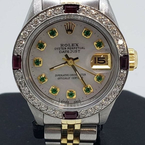 Rolex Ladies Datejust Oyster Gold Steel Diamond Dial Bezel Emeralds Ruby main image 5